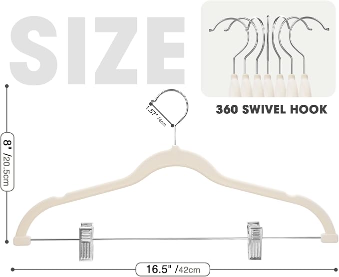 24-Pack Beige Velvet Hangers with Clips Adjustable,Adult Hangers,Heavy-Duty,Felt,Non-Slip,Space Saving,Slim Outfit Hanger for Pants, Skirts, Suits,Coats, Dresses ect. - Image 2