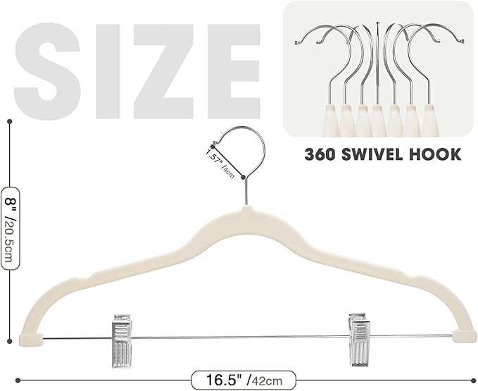 48-Pack Beige Velvet Hangers with Clips Adjustable,Adult Hangers,Heavy-Duty,Felt,Non-Slip,Space Saving,Slim Outfit Hanger for Pants, Skirts, Suits,Coats, Dresses ect. - Image 2