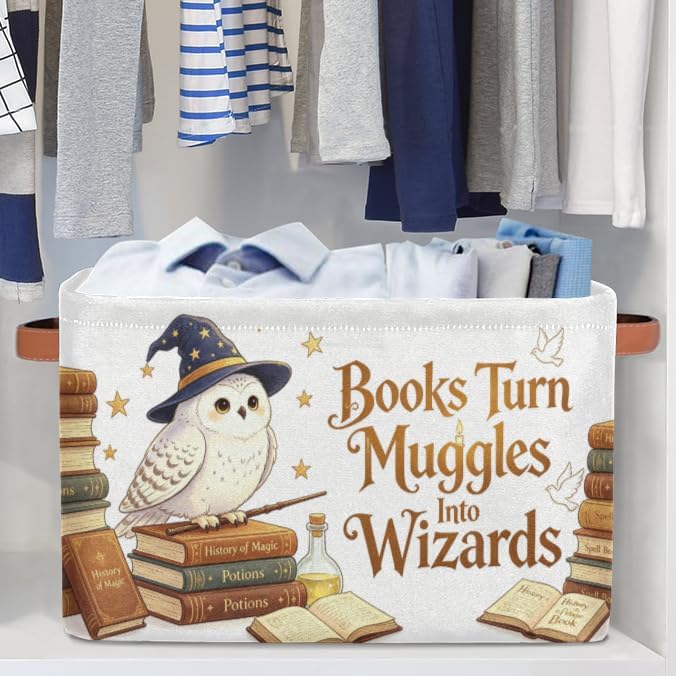 Magic Nursery Decor Baby Basket Large Blue Hat Wand Basket Owl Kid Gift Collapsible Book Shelf Clothes Rectangle Toy Bin 15"x11"x9.5" Set of 2 - Image 5