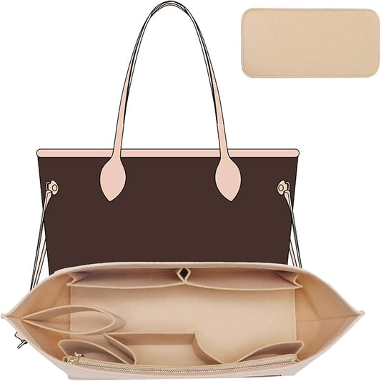 Tote Bag Organizer Insert with Base Shaper, Felt Neverfull MM Organizer, Purse Organizer Insert with Zipper Pocket and Bottle Holder, Fits Speedy 30 Neverfull MM Tote Handbags and More,Beige-L by OAIKOR