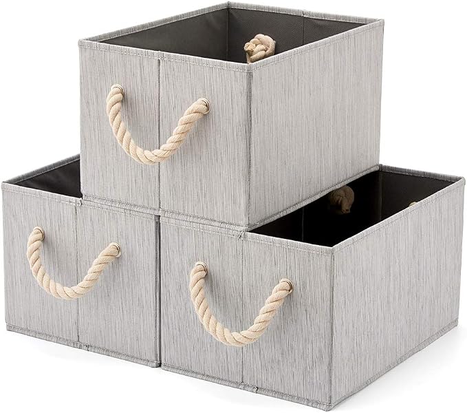 EZOWare Set of 3 Large Fabric Storage Bins Basket with Cotton Rope Handle, Collapsible Cube Container Box for Nursery, Kids, Closet, and More (Gray) by EZOWare