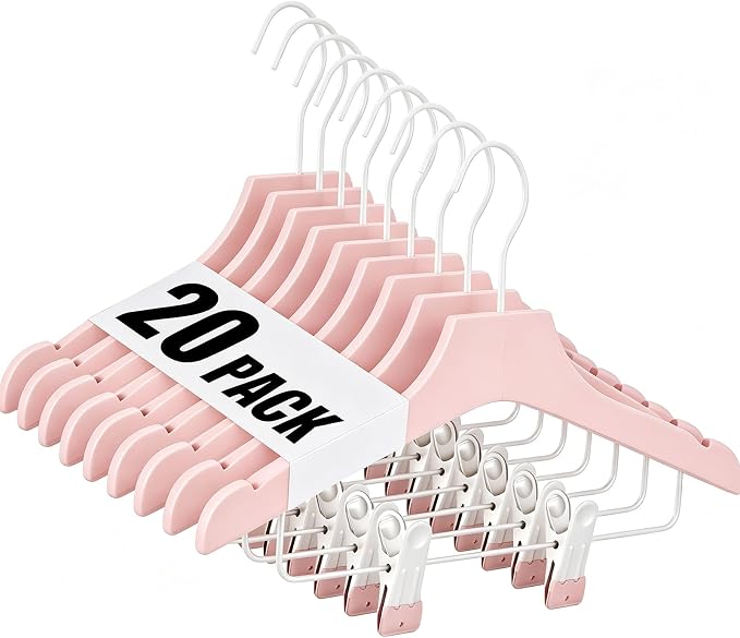 Pink 12.7" Ultra-Thin Wooden Children Closet Clothes Clips Hangers 20PCS Wood Baby Kids Coat Hangers for Infant Toddler Newborn Jumpsuit Pants Skirts Jeans Space Saving Heavy Duty Durable by HELEE