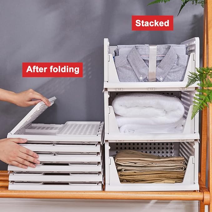 yazi 8 Pack Foldable Plastic Wardrobe Storage Bins | Stackable Cube Baskets Used as Closet Drawer and Shelf Organizer, Great for Bedroom Clothes Tidy Storage - Image 3