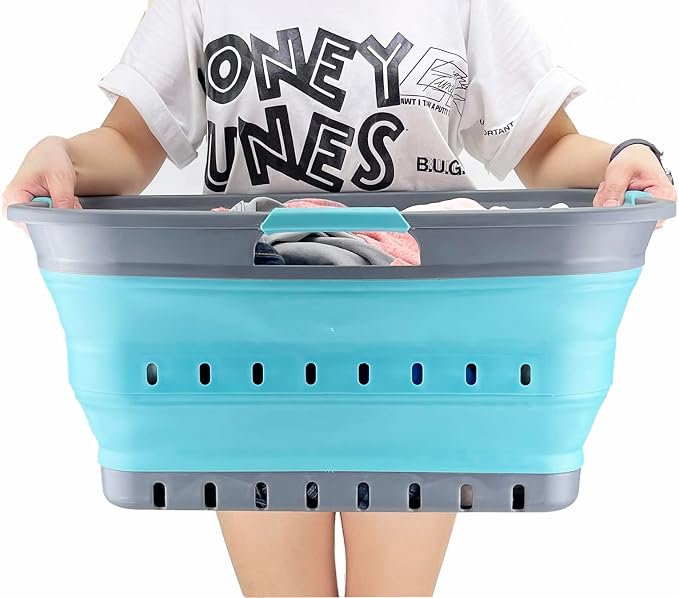 SAMMART 42L (11 gallon) Collapsible Plastic Laundry Basket - Foldable Pop Up Storage Container/Organizer - Space Saving Hamper/Basket (Grey/Crystal Blue) - Image 6