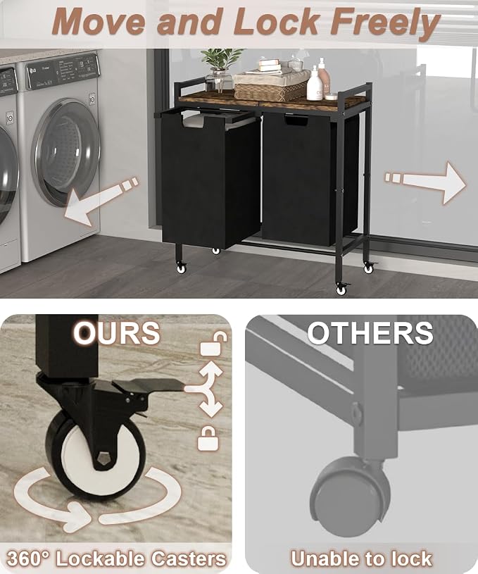 12 x 2 Gal Large Laundry Hamper with Wheels, 2 Pull-Out & Removable Sorter Bags, Freestanding Clothes Basket Organizer for Clothing or Toys in Bathroom and Living Room, Rustic Brown and Black - Image 4