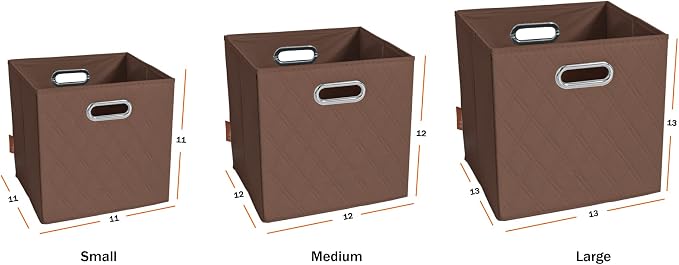 Small 11-inch Brown Foldable Diamond Patterned Faux Leather Storage Cube Bins Set of Four with Handles with Dual Handles for living room, bedroom and office storage - Image 9