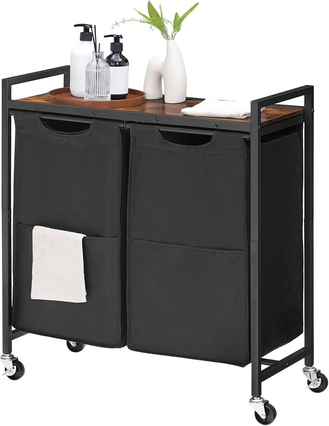 HOOBRO Laundry Hamper, Laundry Sorter 2 Section, 2 × 13 Gal (49.5L), Laundry Basket with Wheels, Rolling Cart, Pull-Out and Removable Oxford Fabric Bags, Rustic Brown and Black BF72XY01 - Image 7
