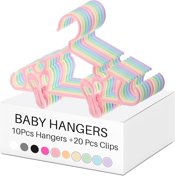 Hsei Baby Hanger with Clip for Pant,30 Packs Total,Macaron Color,10.6 Inch | 10 Kids Plastic Hanger with 20 Clips for Newborn, Nursery, Daycare, Preschool, Closet, Wardrobe Organizer for Baby Shower by Hsei