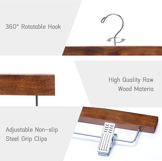 Nature Smile Deluxe Wooden Pants Hangers, Retro Pack of 28 | Solid Wood Bottom, Jeans Hanger, Skirt Hanger, 2-Adjustable Clips - Image 3