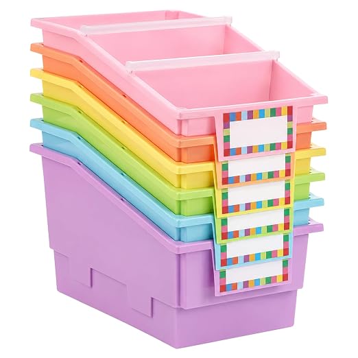 gisgfim 6 Pack Picture Book Bin with Dividers Classroom Library Book Bin Small Plastic Books Holders with Labels for Classroom Library Magazines Storage Organizer 13.5 x 8.75 x 7.75 in(Candy) by gisgfim