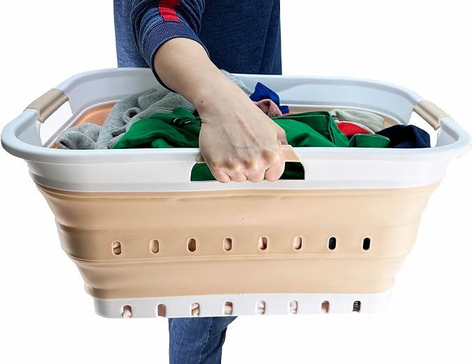 SAMMART 42L (11 gallon) Collapsible Plastic Laundry Basket - Foldable Pop Up Storage Container/Organizer - Space Saving Hamper/Basket (White/Beige) - Image 7