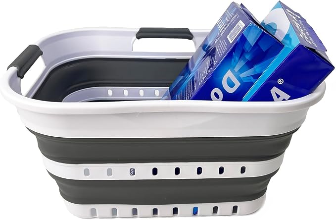 SAMMART Collapsible Plastic Rectangular Laundry Basket - Foldable Pop Up Storage Container/Organizer - Portable Laundry Hamper - Space Saving (White/Steel Grey, 19L) - Image 2