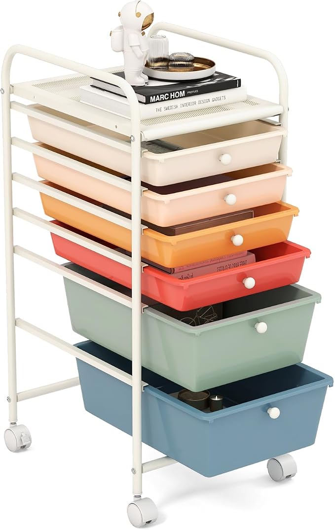 GOFLAME 6-Drawer Rolling Storage Cart, Multifunctional Art Craft Organizer Cart, Mobile Utility Storage Cart with Removable Drawers & Lockable Wheels, Craft Cart for Home Office, Macaron Color by GOFLAME