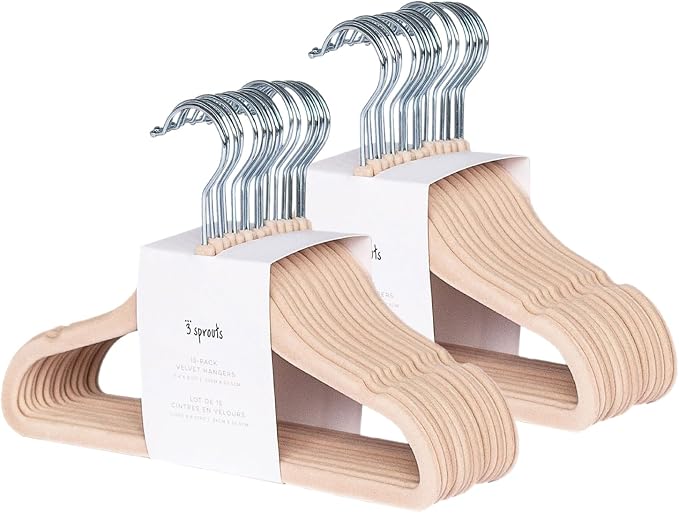 3 Sprouts Velvet Baby Hangers, Non Slip Slim, Hazelnut, 30 Pack | Non-slip velvet, Notched shoulders, 360-degree swivel hook, 11.75 x 8 in, Infant and toddler clothes, Soft colors for nursery by 3Sprouts
