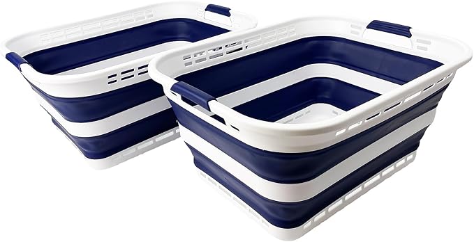 SAMMART 42L (11 Gallons) Collapsible Plastic Laundry Basket - Foldable Pop Up Storage Container/Organizer - Portable Washing Tub - Space Saving Hamper/Basket [BPA Free] (White/Starry Blue (Set of 2)) by SAMMART