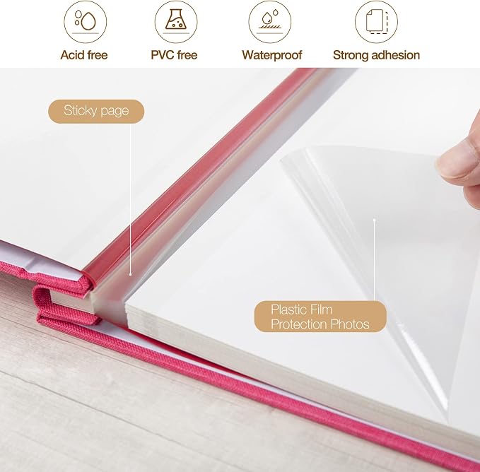 potricher Large Self Adhesive Photo Album 40 Pages, Linen cover, Rose Red | Photo Album Self Adhesive 4x6 5x7 8x10 Pictures, Linen Cover DIY Scrapbook Albums for Family, Wedding, Baby, Anniversary - Image 4