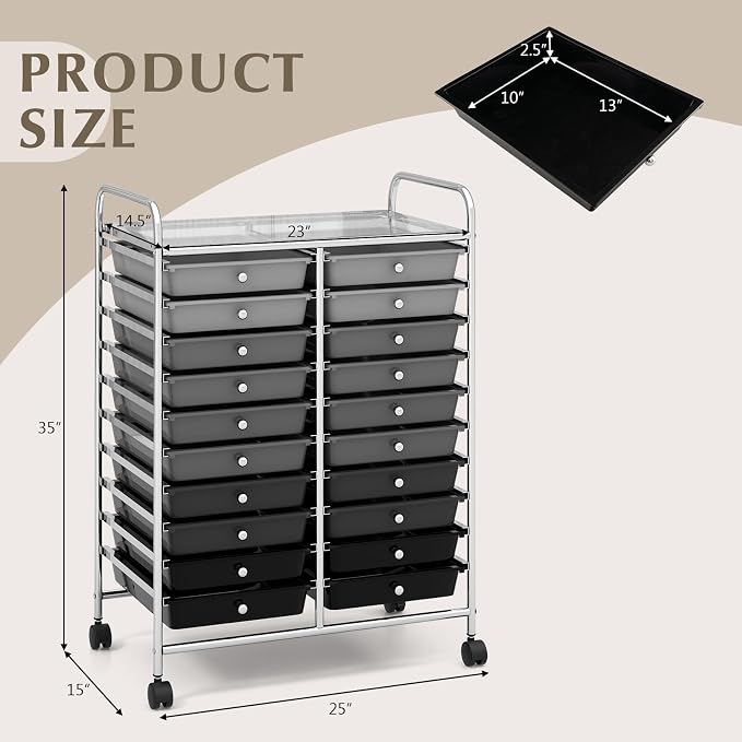 RELAX4LIFE 20 Drawer Rolling Storage Cart, Mobile Rolling Cart w/Drawers for School Classroom Teacher Office Home Salon, Paper File Art Supply Craft Organizer, Utility Cart on Wheels (Gradient Grey) - Image 3