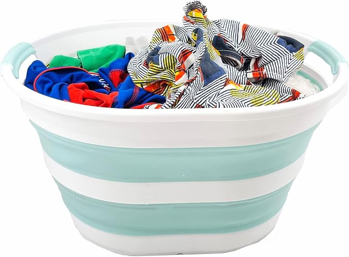 SAMMART 23L (6 Gallons) Collapsible Plastic Laundry Basket - Oval Tub/Basket - Foldable Storage Container/Organizer - Portable Washing Tub (White/Lake Green (Set of 2)) - Image 3