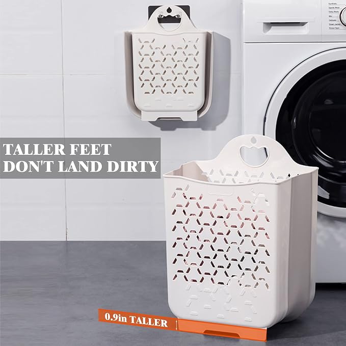 Collapsible Laundry Basket 2Pack,Space-Saving Hanging Clothes Hamper,White | Small plastic hamper, hung on wall/door. Ventilated, slim & portable. Narrow for bathroom, kitchen, travel, dorm, nursery. - Image 6