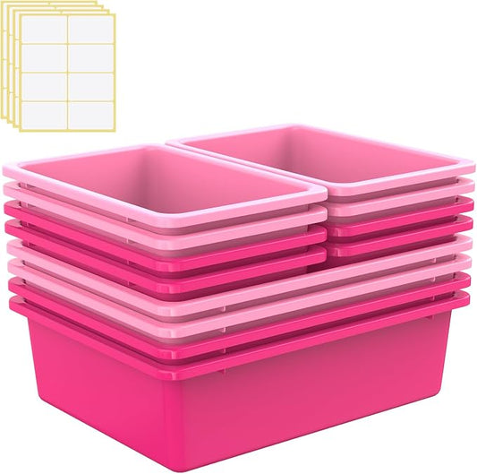 Zonon 12 Pcs Plastic Cubby Bins Office Storage Container Storage Bins Plastic Organization with 1 Pack Self Adhesive Label for Library Office Home Nursery(Pink/magenta) by Zonon
