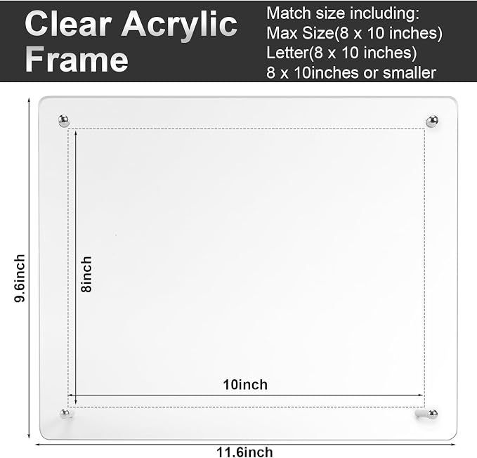 Thyle 8 Pcs Acrylic Photo Frame 8 x 10''Clear Floating Picture Frame Brackets Document Certificate A4 Poster Tabletop or Hanging Wall Mount Display for Christmas Mother (Silver) - Image 2