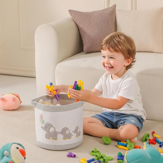 Baby Toy Basket Laundry Hamper Blanket Baskets Cute Elephant Nursery Storage Basket, Woven Cotton Rope Nursery Organization Bins For Girls Boys Kids Baby Shower Gifts Baskets - Image 3