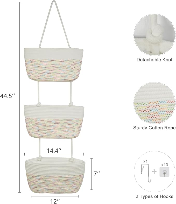 TeoKJ Over the Door Hanging Basket, 3-Tier Woven Cotton Wall-Mounted Storage Organizer Bag Decorative Hanging Nursery Baskets, White & Rainbow Stitching - Image 5