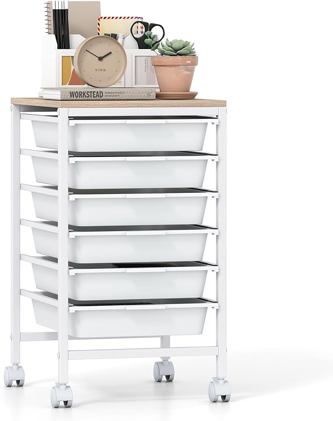Giantex Rolling Storage Cart with 6 Drawers, Utility Cart w/Wooden Tabletop, Lockable Wheels, Multipurpose Organizer for Art Craft Books Paper, Drawer Carts for Dorm Classroom Office, White - Image 9