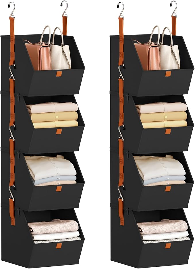 Hanging Closet Organizer 4 Tier - Clothes Hanging Shelves, Space-Saving Closet System, Fabric Storage Bins Bedroom Organization, Collapsible Baskets for Home, Dorm, Rv, Black, 8 Pack by Homsorout