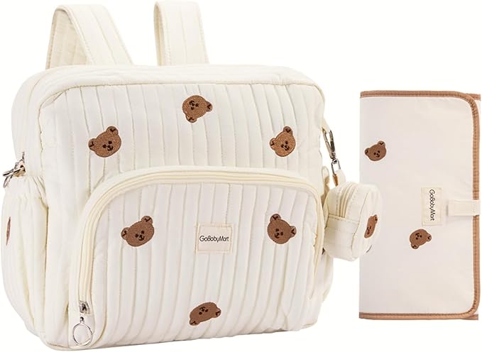 Diaper Bag Backpack with Changing Pad - Travel Baby Bag, Insulated Bottle Pockets, Stroller Straps (Medium - Beige Bears) by GoBabyMart