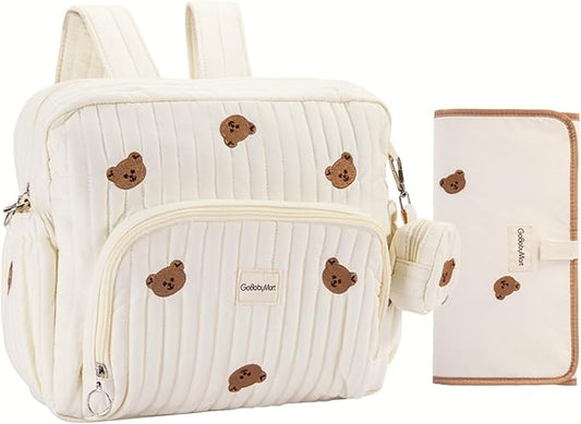 Diaper Bag Backpack with Changing Pad - Travel Baby Bag, Insulated Bottle Pockets, Stroller Straps (Medium - Beige Bears) by GoBabyMart