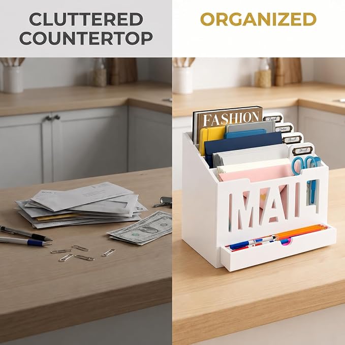 Mail Organizer Countertop, Desktop Mail Sorter with Drawer & Label Tags, WH | Bills, Letters, Envelopes & Receipts - Image 3