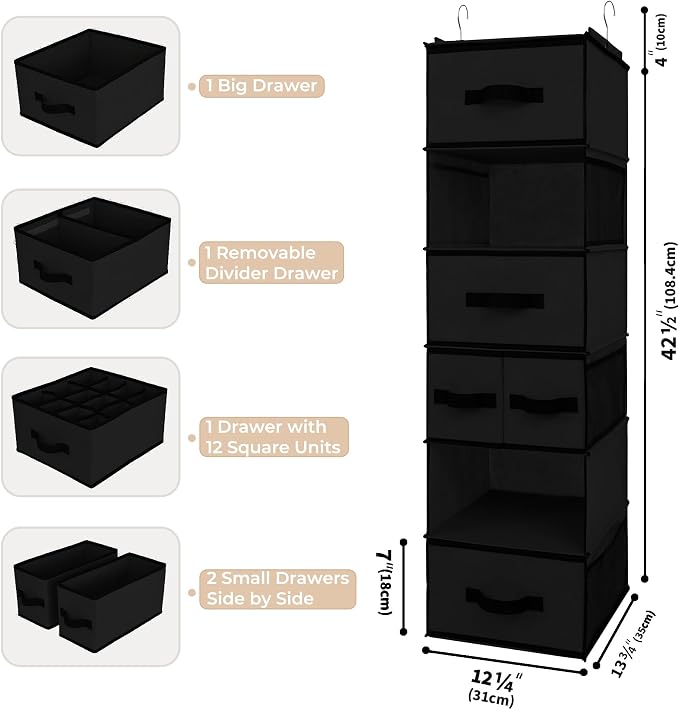 GRANNY SAYS Hanging Closet Organizer, 5 Drawers, 6 Shelves, 6 Pockets | Hanging Closet Organizer with 5 Different Drawer Designs, 6 Shelves & Reinforced Structure for Organized Small Spaces, Black - Image 3