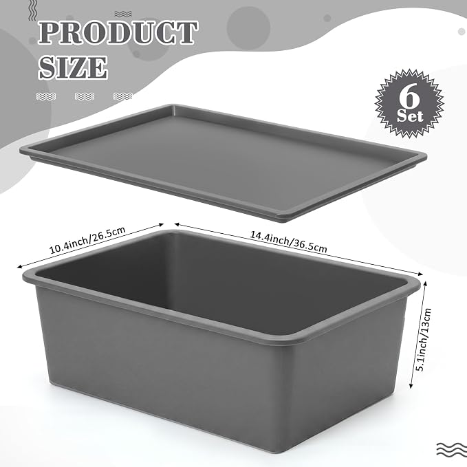 6 Pcs Plastic Storage Bins with Lids Stackable Storage Containers Durable Box Baskets for Organizing Shelves Playroom Classroom Office (Large,Grey) - Image 2