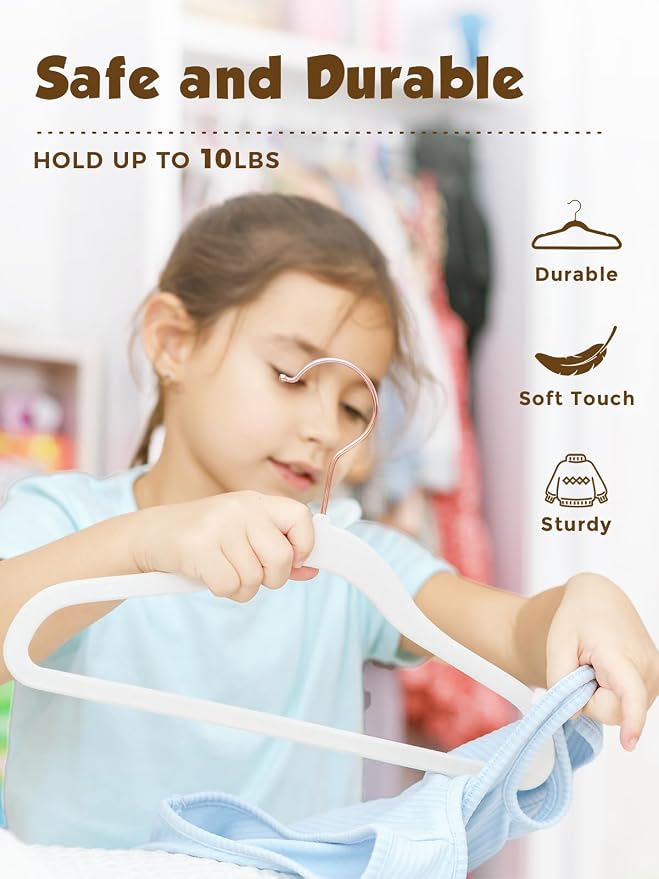 Kids Velvet Hangers 50 Pack, 14 Inch Premium Non Slip Kids Felt Hangers for Closet, Space Saving Toddler Clothes Hanger for Youth's Childrens' Clothes (Rose Gold Hook)- White | Premium Kids Hangers for Closet Storage, Space Saving Toddler Clothes Hange... - Image 6