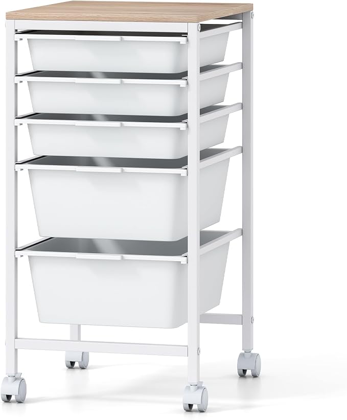 Giantex Rolling Storage Cart with 5 Drawers, Utility Cart w/Wooden Tabletop, Lockable Wheels, Multipurpose Organizer for Art Craft Books Paper, Drawer Carts for Dorm Classroom Office, White by Giantex