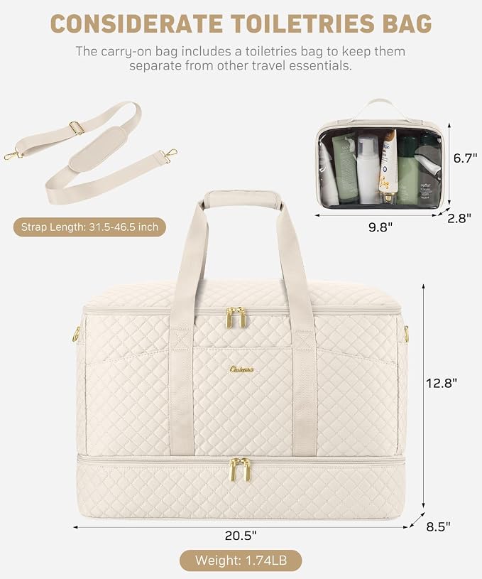 Duffle Bag for Travel, 40L Weekender Bag with Shoe Compartment, Carry On Overnight Bag for Women with Toiletry Bag Duffel Bags with Wet Pocket for Gym Hospital Bags for Labor and Delivery Beige - Image 5