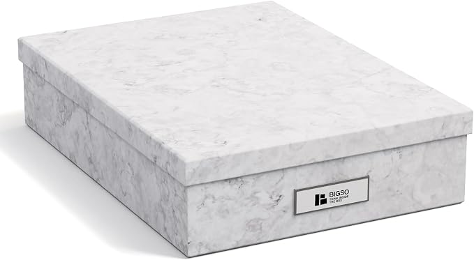 Bigso Oskar Fiberboard Label Frame Document Letter Box for Important Paperwork A4 or Letter Size - Durable Keepsake Box with Lid and Metal Label Holder - 3.3in x 10.2in x 13.8in - Marble by Bigso