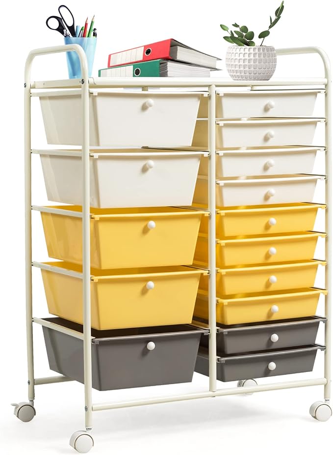 COSTWAY 15 Drawer Rolling Storage Cart, Mobile Storage Organizer | Removable Drawers & Metal Frame, Multipurpose Utility Tools Paper Organizer on Wheels for Home, Office (Yellow, Beige & Grey) by COSTWAY
