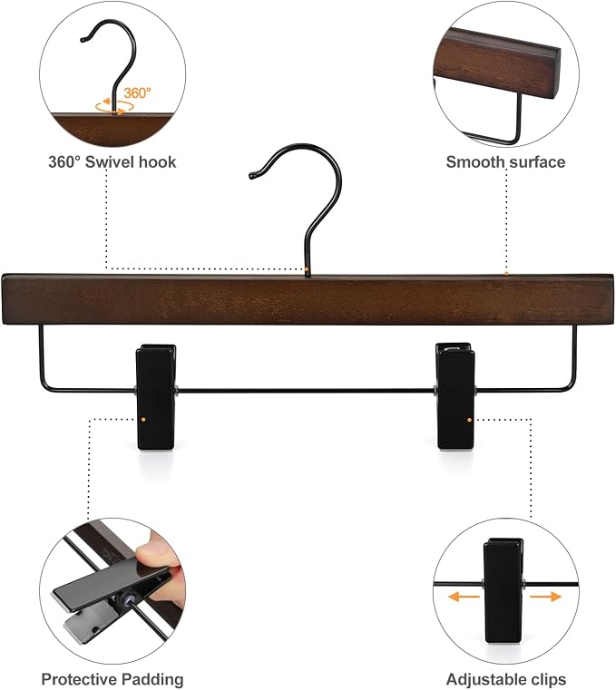 TOPIA HANGER Pants Hangers, Wooden Skirt Trouser Hangers with 2 Adjustable Metal Big Clips, Premium Retro Finish and 360°Swivel Black Hook, Jean Slacks Hangers for Closet, 20 Pack, CT03A20 - Image 5