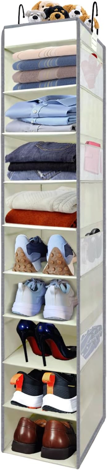 Large-Sized Hanging Shoe Organizer 10-Shelf, Sturdy Hanging Closet Organizer with 8 Side Pockets, Wider Hanging Shelves for Storage Shoes Clothes Jeans Shirts Toys, Beige by ROOMTALK