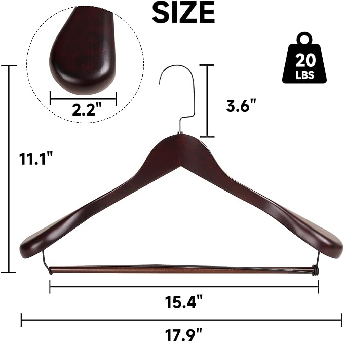 12-Pack Premium Wooden Wide Shoulder Suit Hangers, Heavy-Duty Solid Wood Coat Hangers with Non-Slip Locking Pant Bar for Heavy Clothes, Garments, Blazers, Jackets, Outerwear, Shirts (Dark Cherry) - Image 2