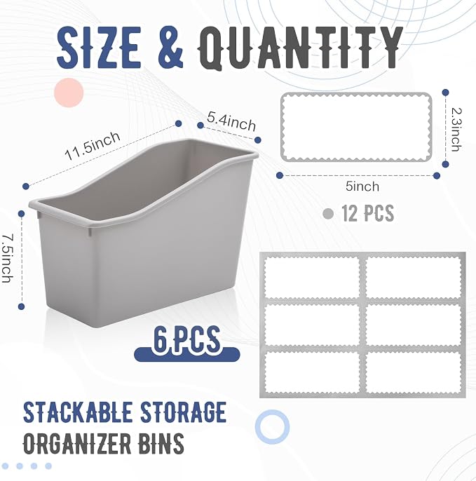 Geetery 6 Pcs Book Bin for Classroom with Labels Stackable Plastic Organizing Bins 11.5 x 5.4 x 7.5 in Book Holders Storage Bins Box Baskets for Classroom Library Home (Grey) - Image 2