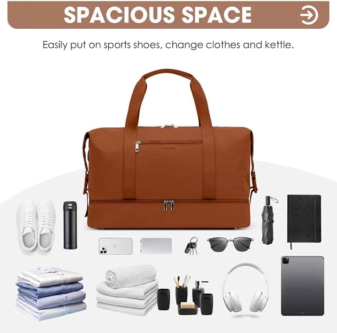 Oeihuivt Weekender Bags for Women 21 Inch Large Travel Duffel Bag Set with Shoe Compartment, Heavy-Duty nylon Carry On Overnight Tote Brown - Image 6