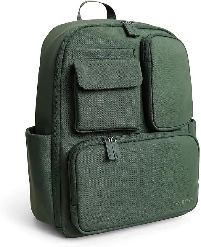 Itzy Ritzy Utility Diaper Bag Backpack, 17 Pockets w/Changing Pad (Green) | Travel-Ready Diaper Backpack with 2 Insulated Bottle Holders, Laptop Compartment, Trolley Sleeve, Straps, and Changing Pad - Image 2