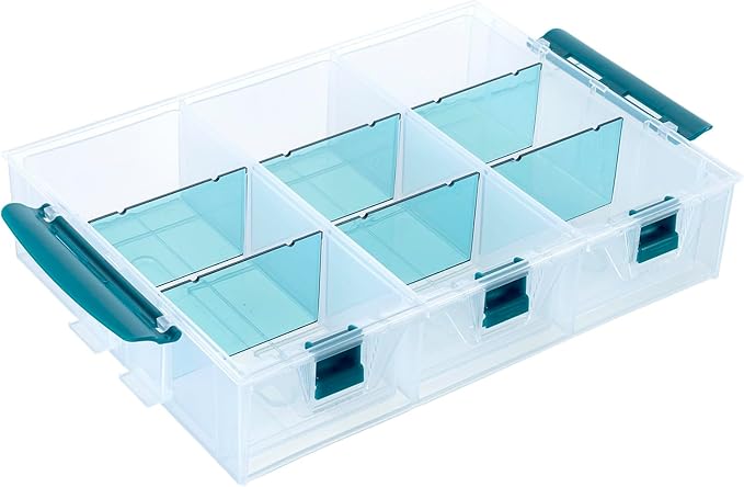MyGift Single Stackable Tray, Add-on for 11 Inch Clear Arts & Crafts Storage Box with Blue Accents, 9 Compartment Sewing Supplies Organizer 3 Drawers and Removable Dividers by MyGiftHome