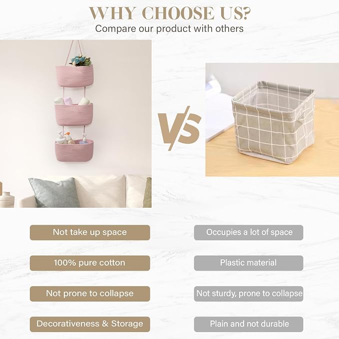 TeoKJ Over the Door Hanging Basket, 3-Tier Woven Cotton Wall-Mounted Storage Organizer Bag Decorative Hanging Nursery Baskets, Pink - Image 9