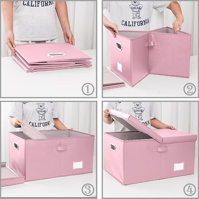 Collapsible Storage Box with Lid [3-Pack] Leather Fabric Foldable Storage Bin Organizer Container Basket Cube with Cover for Home Bedroom Closet Office Nursery Pink(22.8X15.7X11.8) - Image 4
