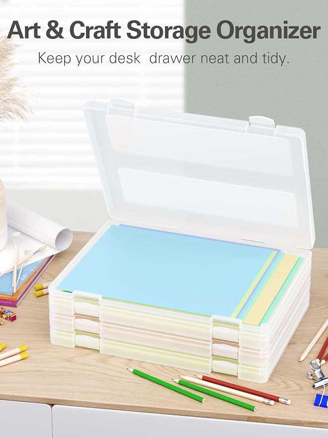 4-Pack A4 Plastic Paper Organizer Box, Scrapbook Storage for 8.5” x 11” Letter Papers, Portable Document Holder, Photo Storage Box Sticker Art Supplies Organizers, 12” x 9” Inner Size - Image 4