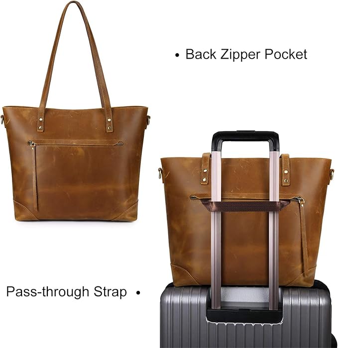 S-ZONE Vintage Genuine Leather Shoulder Bag Work Totes for Women Large | Top Grain Leather, Purse Handbag, Fits Laptop Documents, Luggage Sleeve, Multi Pockets, Work Travel Everyday - Image 3